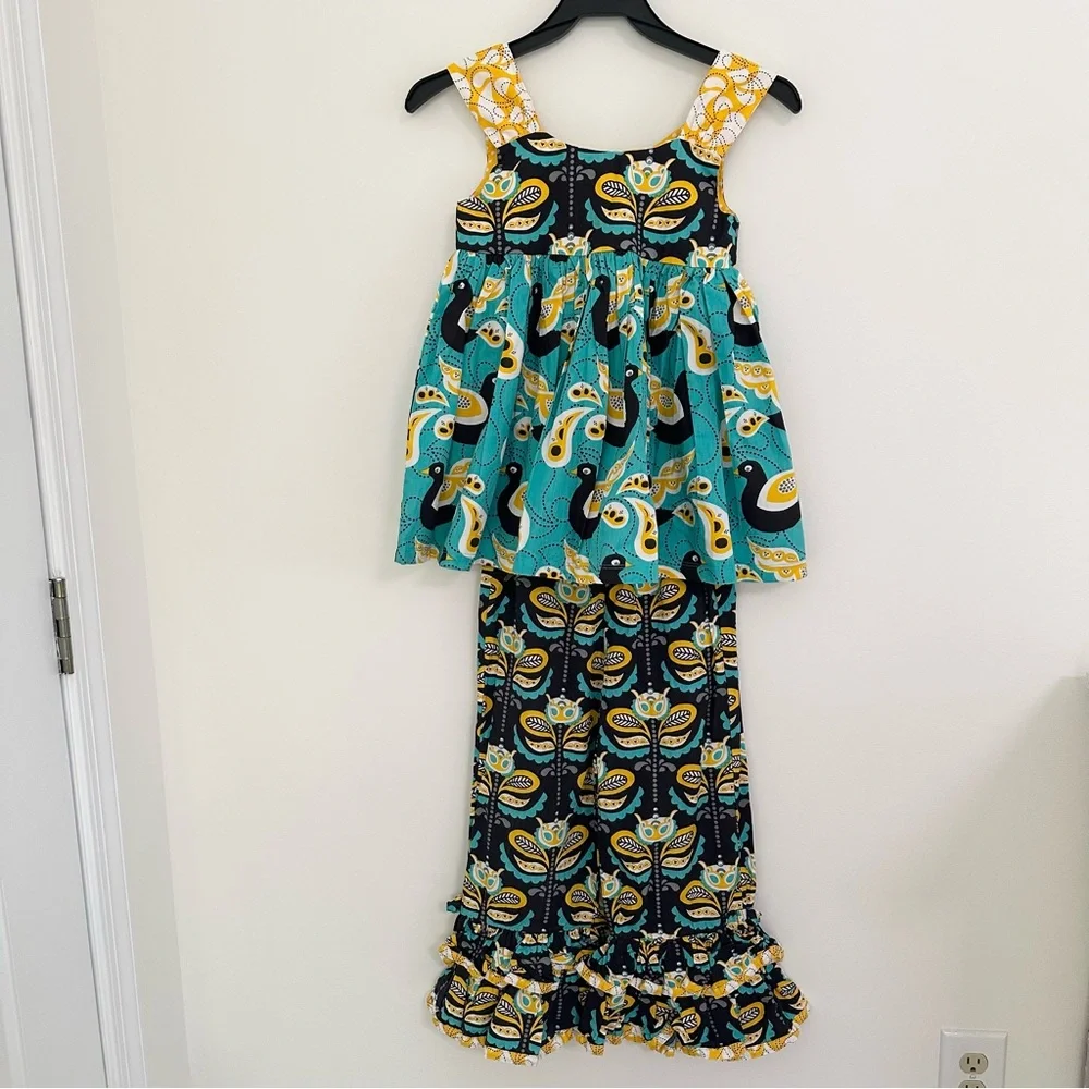 Jelly the Pug Vibrant Yellow Teal and Black 2 Piece Outfit girls size 7 Birds